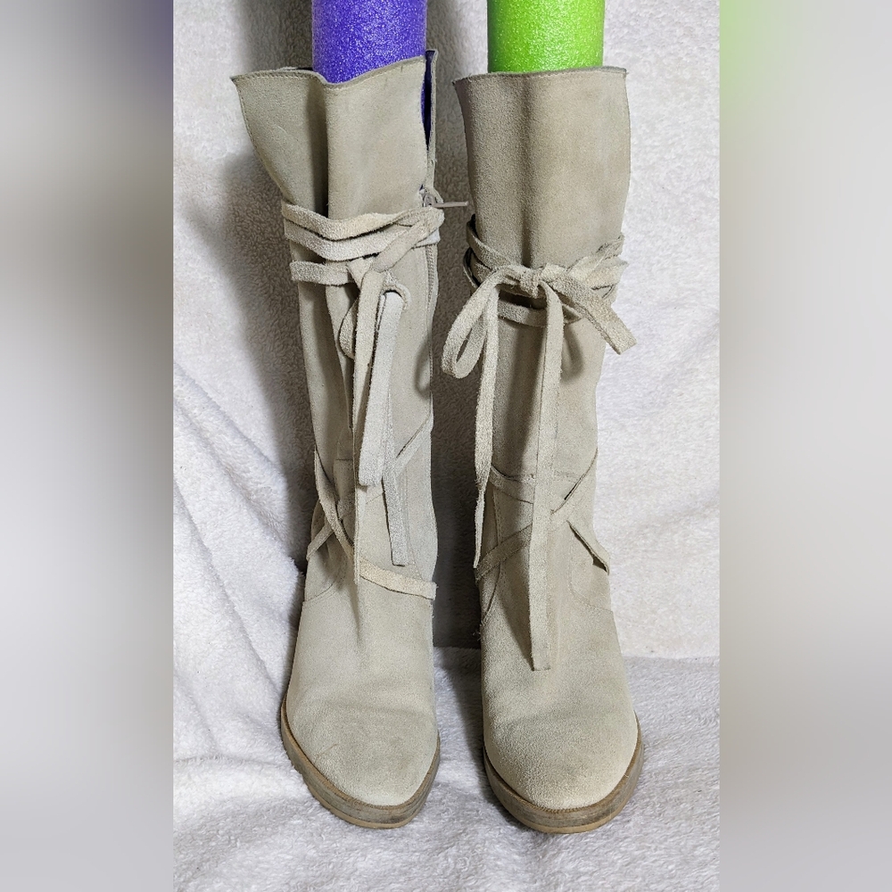 Women's CANDIE'S Cream Suede Heeled Boots, Suede Strap Wrap| Size‎ 9 - Picture 4 of 9